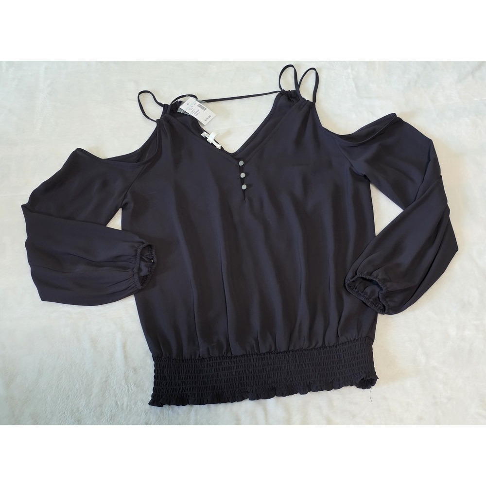 Maurices Womens Small Dark Gray Purple Cold Shoulder Smocked Hem Top NWT $29